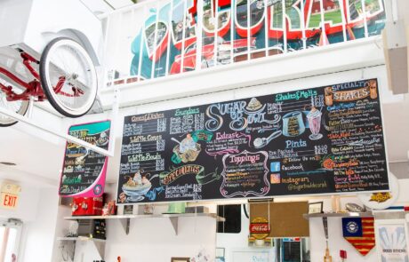 Ice cream menu board at Sugar Bowl Ice Cream Shop in Decorah, Iowa