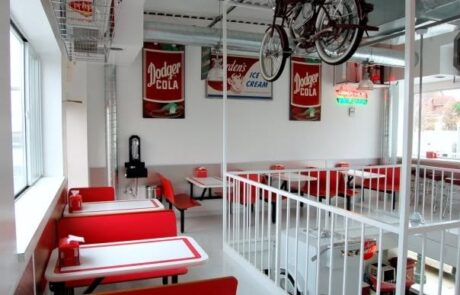 Indoor seating and vintage decor at Sugar Bowl Ice Cream Shop